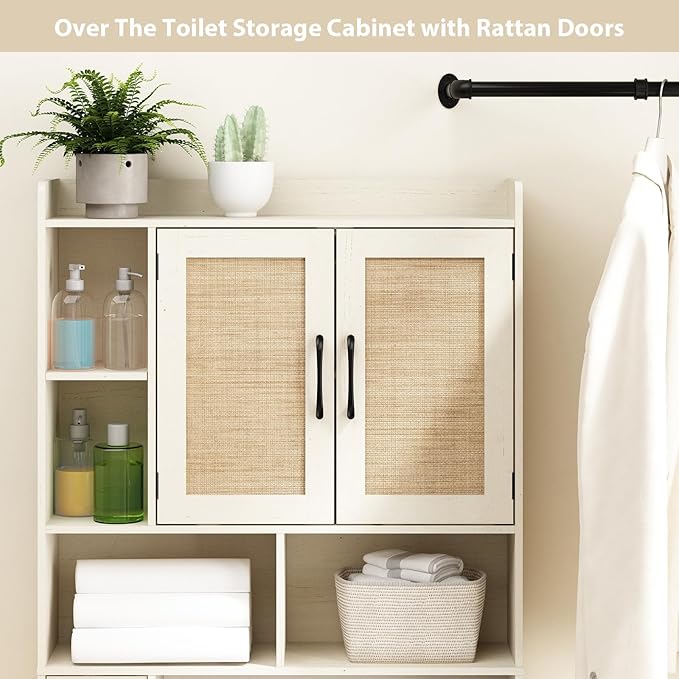 RUSTOWN Rattan Over The Toilet Storage Cabinet,Boho Over Toilet Bathroom Organizer with 2 Doors & Adjustable Shelves,Modern Above Toilet Rack with Toilet Paper Holder for Bathroom (Vintage White)
