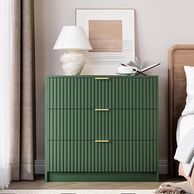 3-Piece Dresser Bedroom Set, 6 Drawer Dresser & 3 Drawer Nightstands with Gold Handles, Fluted Wood Chest of Drawers for Bedroom, Living Room, Entryway, Green
