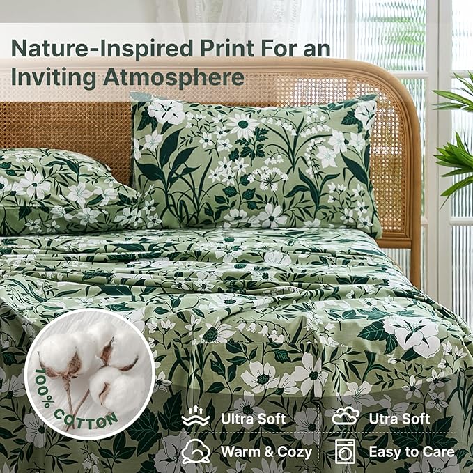 100% Cotton Sheet Set King Size – 4-Piece Luxury Forest Green Floral Bedding, Soft Breathable Percale Weave, Deep Pocket Fitted Sheet 17.5", Crisp Cool Feel, Refined Botanical Elegance