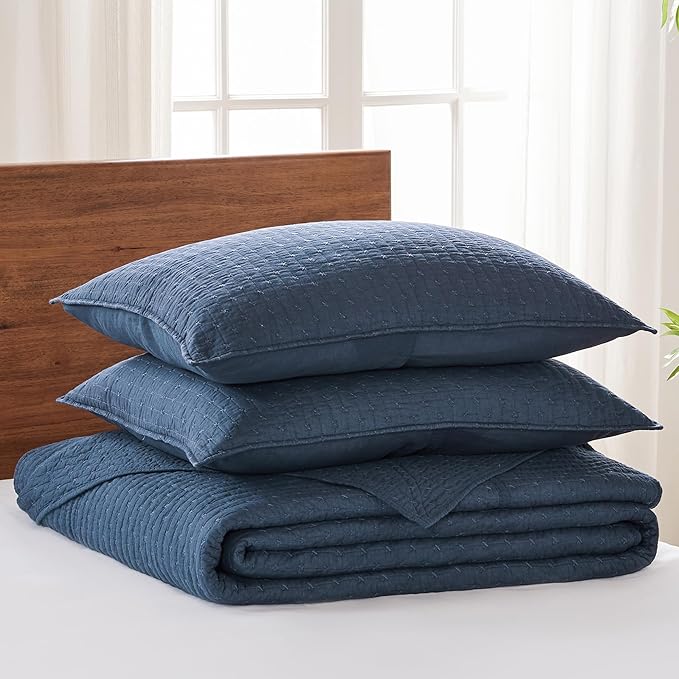Levtex Home Cross Stitch Reversible King Bedspread Set (120x104in) with 2 Pillow Shams (36x20in) - Stitch Texture - Navy - Cotton King Size Bedspread Set - Soft, Pre-Washed