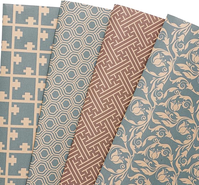 PlandRichW Kraft Wrapping Paper Folded 12 Sheets, Navy Geometric Design Kraft Paper for Christmas, Birthday, Holiday, Party, Baby Shower, Pre-Cut Each 20 X 29 Inches