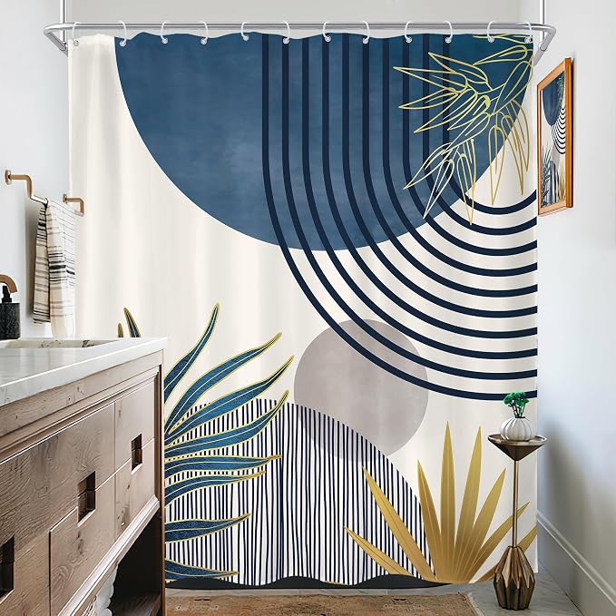 KOMLLEX Mid Century Boho Shower Curtain for Bathroom Decor 72Wx78H Inches Navy Blue Gray Abstract Modern Minimalist Arch Leaves Geometric Neutral Fabric Waterproof Polyester 12 Pack Hooks Pack Hooks