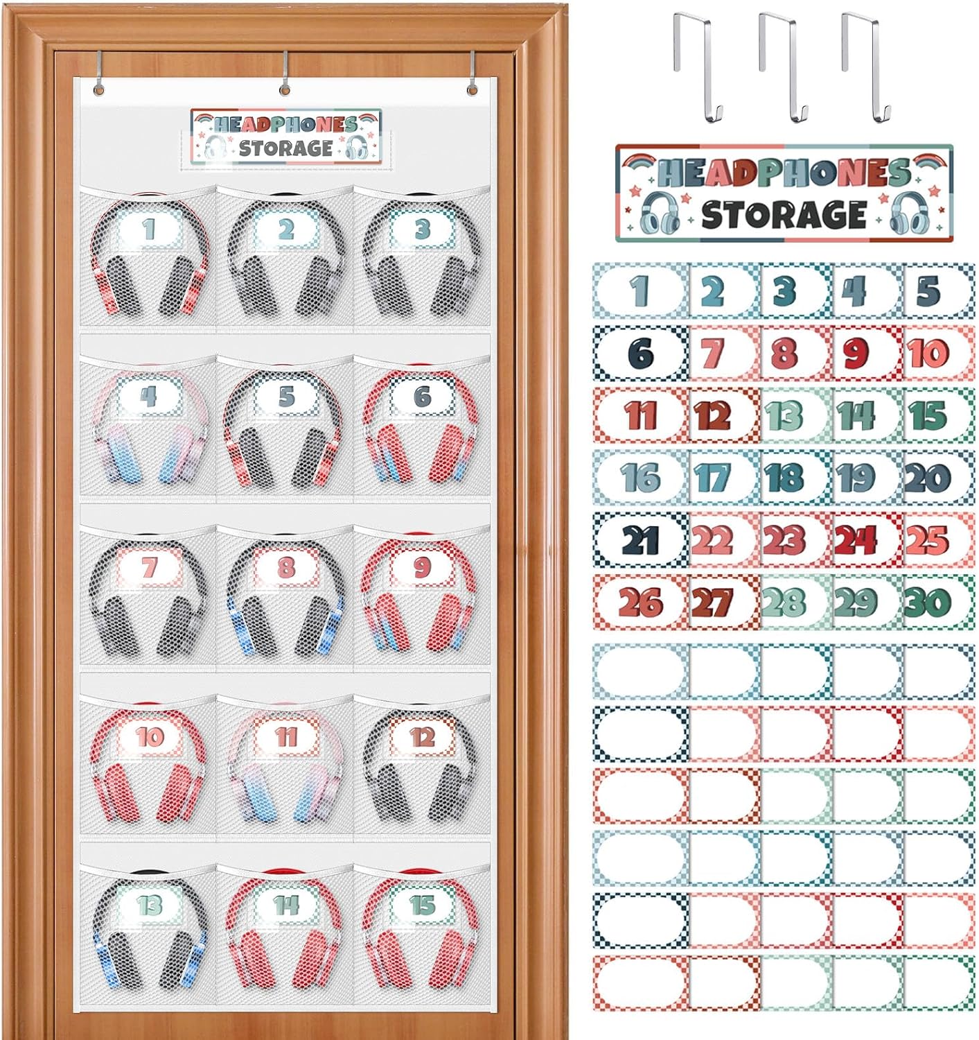 Skiennix Headphone Storage Organizer - 15 Durable Mesh Pockets for Classroom & Library | Includes 61 Cards & 3 Hooks