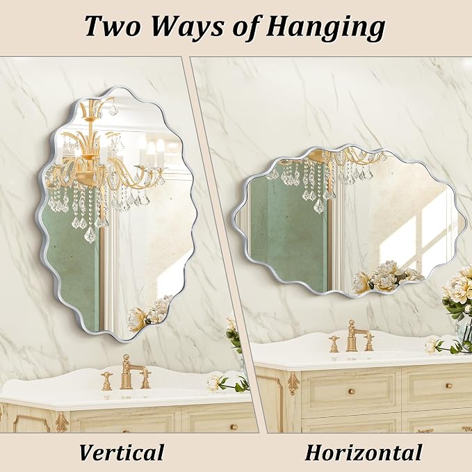Oval Wavy Wall Mirror -Irregular Wall Mirror with Silver Asymmetrical Aluminum Alloy Frame,22"x30" Decorative Wall Mirrors for Bathroom, Bedroom, Living Room, Dining Room，Entryway