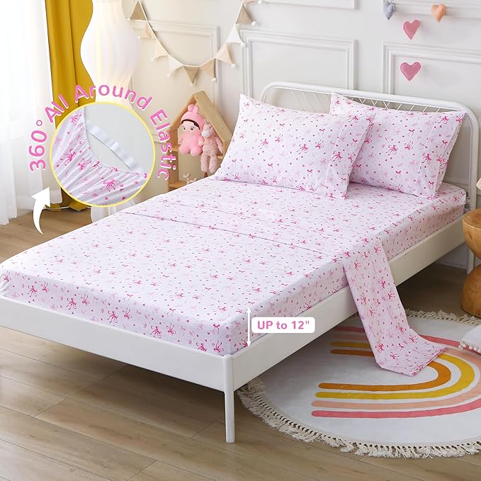 Viviland 4 Pieces Girls Pink Full Sheet Set - Soft Microfiber Fitted Flat Sheets & Pillowcases - Pink Bow Print Bedding Sets- for Kids & Toddlers