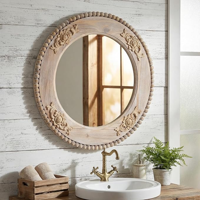 H HOMEWINS Rustic Round Mirror, 24" Wooden Circle Farmhouse Wall-Mounted Nature Beads Decor Mirror for Bedroom, Bathroom, Living Room,Vanity