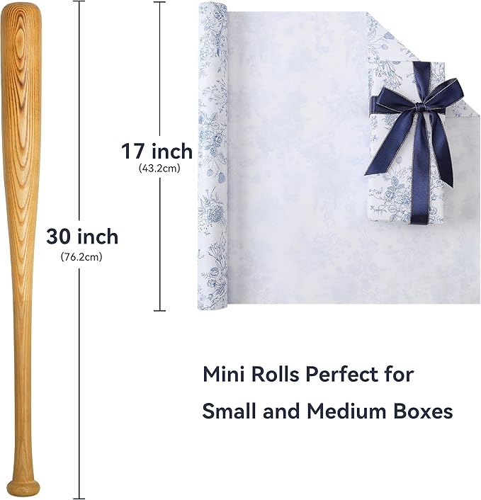 Blue Floral Wrapping Paper Roll, Mini Roll-17 Inches * 32.8 Feet, Flowers Design Wrap Paper for Girls Women Grandma, for Birthdays, Valentine's Day, Weddings, Anniversaries, Mother's Day, 1 Roll