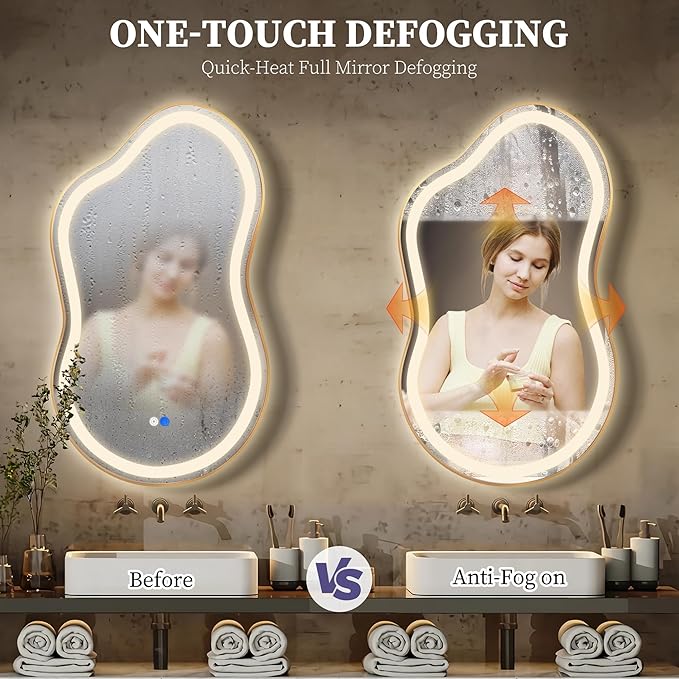 Irregular LED Bathroom Mirror with Lights, Cloud Smart Backlit Mirror, Dimmable Lighted Bathroom Gold Mirror with Anti-Fog, Asymmetrical Vanity Mirror Hangable 2 Ways (Gold, 24 x 36, 1 Pack)
