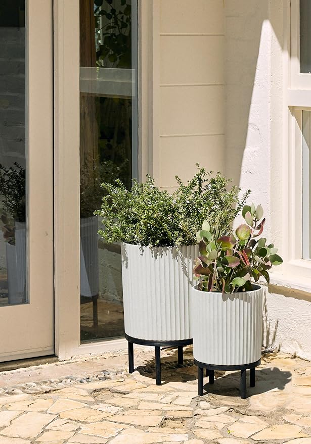 Veradek Demi Series Round Planter w/Stand for Porch/Patio | Durable Plastic-Stone Composite & Wooden Stand | Modern Décor for Tall Plants, Flowers
