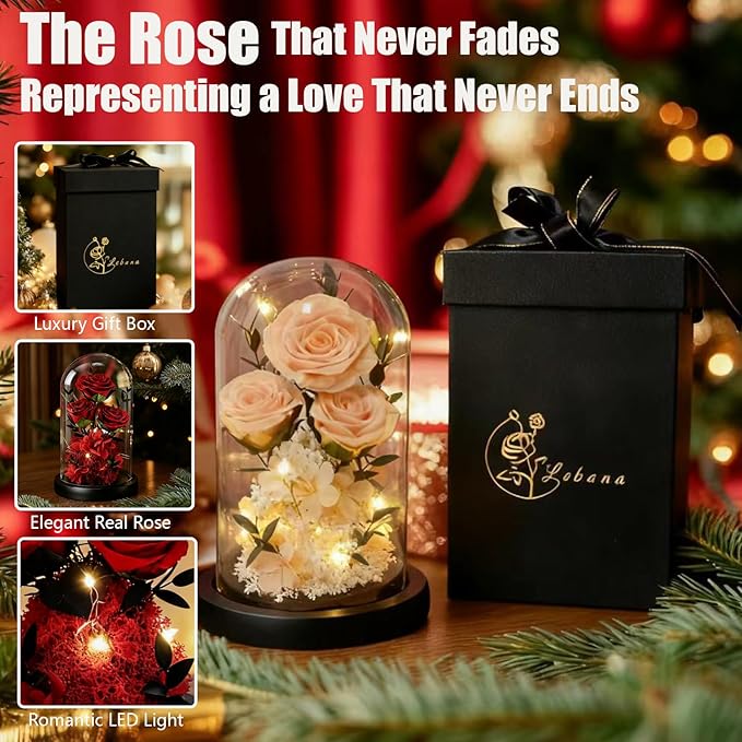 Birthday Gifts for Women Mom Fresh Flowers for Delivery Prime Forever Preserved Rose in Glass Dome Gifts for Her Girlfriend Grandma Daughter Wife Valentines Mothers Day Christmas Anniversary-Champagne
