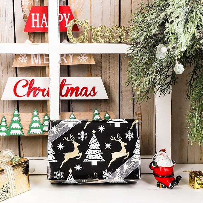LeZakaa Black Gold Christmas Wrapping Paper Mini Roll, Reindeer Snowflake Tree Grid Metallic Foil Holiday Gift Wrap, DIY Craft, for Xmas Winter Party, 17 x 120 inches, 3 Rolls