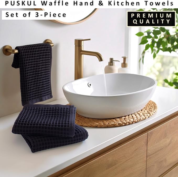 PÜSKÜL Natural 100% Turkish Cotton Waffle Kitchen Towels Set of 3 | Oeko-Tex, Premium Waffle Hand Towels for Bathroom | Soft Absorbent Quick-Dry Lint-Free Dish Towel Large 32x16 inch (3, Black)