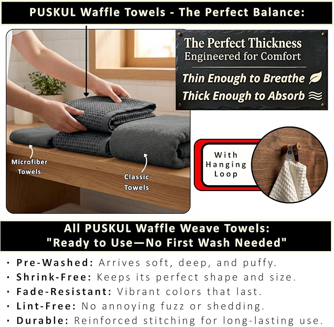PÜSKÜL Natural 100% Turkish Cotton Waffle Bath Towels Set of 2-Piece | 32x63 inch Extra Large Absorbent Quick-Dry Lightweight Spa Towel | Luxury Sauna Accessories (Dark Gray Bath Towels - Pack of 2)
