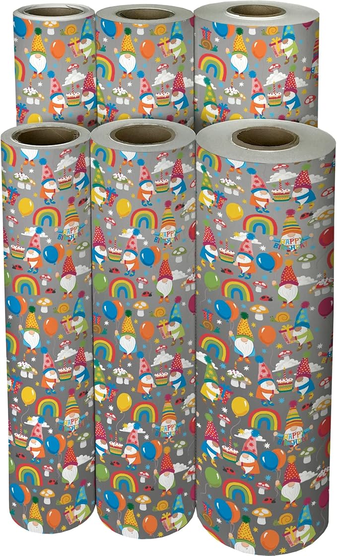 Jillson Roberts Bulk Gift Wrap, Everyday Gift Wrapping Supplies, Birthday Gnomes, 1/4 Ream 208 feet x 30 inches
