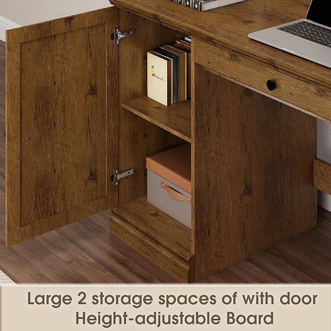 60.5" Executive Office Desk, Classic Computer Desk with File Drawer, Keyboard Tray Cabinet Storage, Farmhouse Wood Writing Desk for Home Office or Study, Vintage Oak
