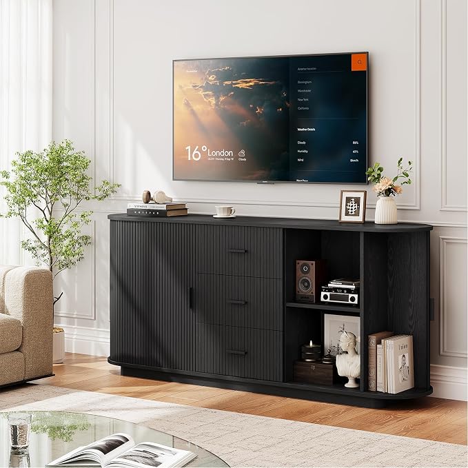 ONBRILL 63" Fluted Sideboard Buffet Cabinet with 3 Drawers & 2 Doors, Mid-Century Modern Buffet Sideboard Cabinet with Storage, Coffee Bar Table with Adjustable Shelf for Kitchen, Living Room, Black