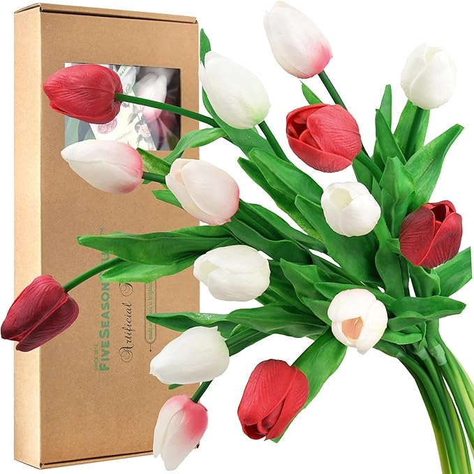 FiveSeasonStuff Real Touch Tulips Artificial Flowers – 15 Stems Faux Tulip Bouquet in Gift Box for Wedding, Home Decor, Party, Floral Arrangements (Charming Lady)
