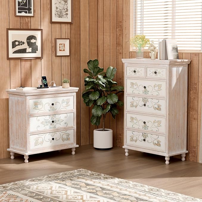 VINGLI Washed White Dresser with Charging Station, 3 Drawer Dresser Boho Wood Chest of Drawers, Wooden Dressers with Drawers and Solid Wood Legs