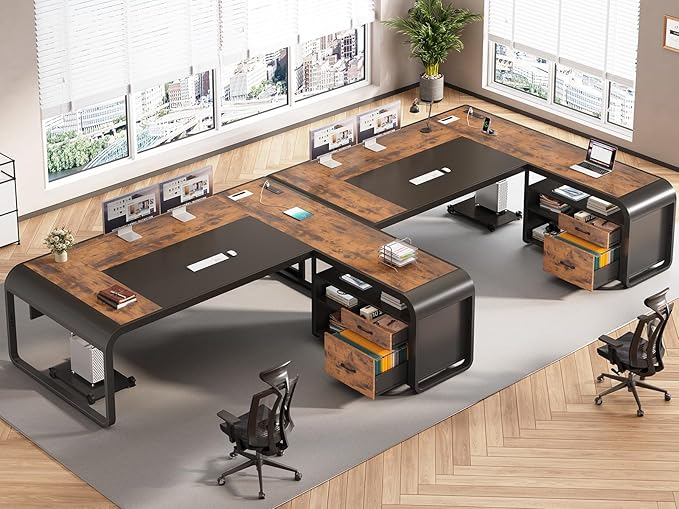 SEDETA 63 Inch Executive Desk, Large Office Desk with File Drawer, L Shaped Desk with Drawers, Computer Desk with Mobile CPU Stand, Storage Shelves, Power Outlets for Home Office, Rustic Brown