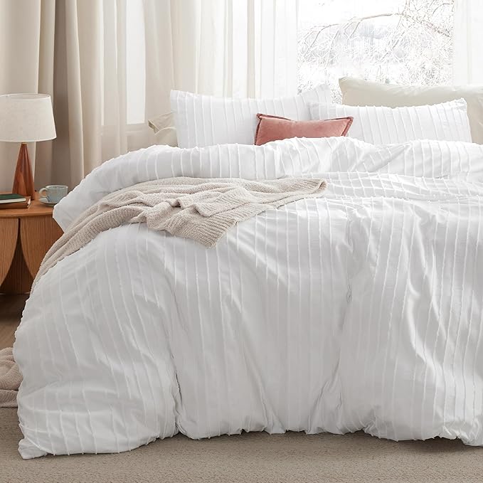 Bedsure Striped Boho Twin Duvet Cover - Shabby Chic Tufted Boho Bedding Set, 2 Pieces Shabby Chic Home Bedding for All Seasons, Includes 1 Twin Duvet Cover & 1 Pillowcase (White, 68" x 90")