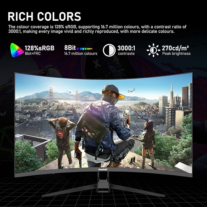 Gawfolk 32-inch 4K Ultra HD Curved 1500R Computer Monitor, 160Hz Gaming Screen, 1ms, Adaptive Sync, 128% sRGB, 178° Wide Viewing Angle, HDMI 2.1, DisplayPort, Compatible with 75*75MM Wall Mount-Black