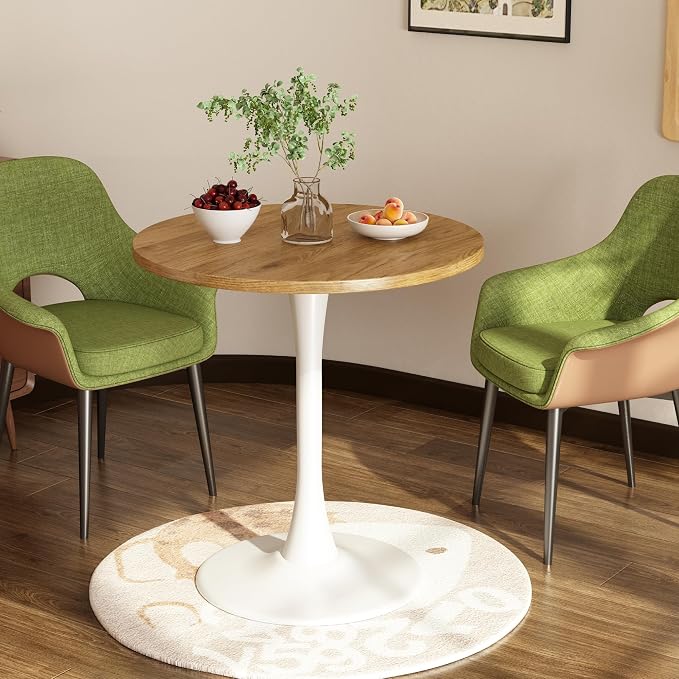 Round Dining Table 27.5" Circle Tulip Table with Wood Thickened Tabletop & Sturdy Metal Pedestal Mid Century Modern Leisure Bistro Kitchen Tables 4 People Small Places Living Room Cafe,Oak