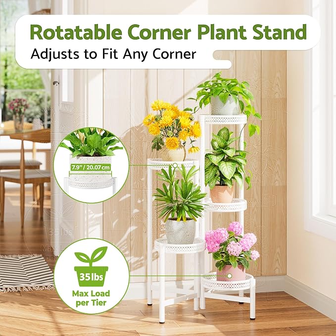 Metal Plant Stand Indoor Outdoor, 5 Tier Tall Flower Pot Holder Potted Display Rack Shelf, Heavy Duty Corner Plant Shelf for Patio Garden Balcony Living Room Bedroom - WhiteWave