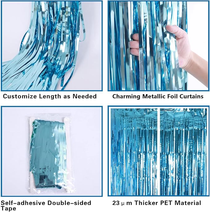 2 Pack Lake Blue Foil Fringe Curtains Tinsel Backdrop, 3.2Ft x 8.2Ft Metallic Tinsel Photo Booth Backdrop Curtains for Birthday Background Wedding Engagement Bridal Shower Bachelorette Decorations