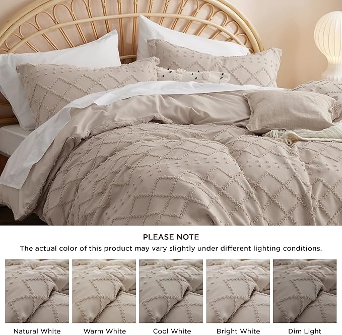 Bedsure Boho Duvet Cover Queen Size - Khaki Breathable & Soft Boho Bedding, Machine Washable Comforter Cover for All Seasons, Includes 1 Duvet Cover 90"x90" with 2 Pillow Shams & Zipper Closure