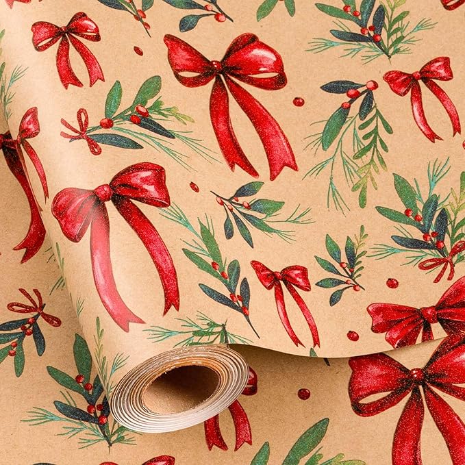MAYPLUSS Christmas Wrapping Paper Roll - 17IN X 33FT - Kraft Gift Wrapping Paper Featuring Cute Bow Christmas Holly Reversible Cut Lines for Kids, Holiday, New Year