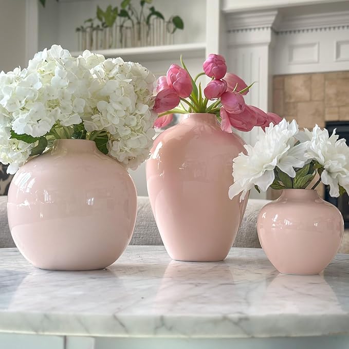 Willowy Small Pinkish-Beige Porcelain Flower Vase – 5 Inch Glossy, Ceramic Pink Vases for Home Decor, Tan Vases for Flowers, Mini/Short Beige Round Vase