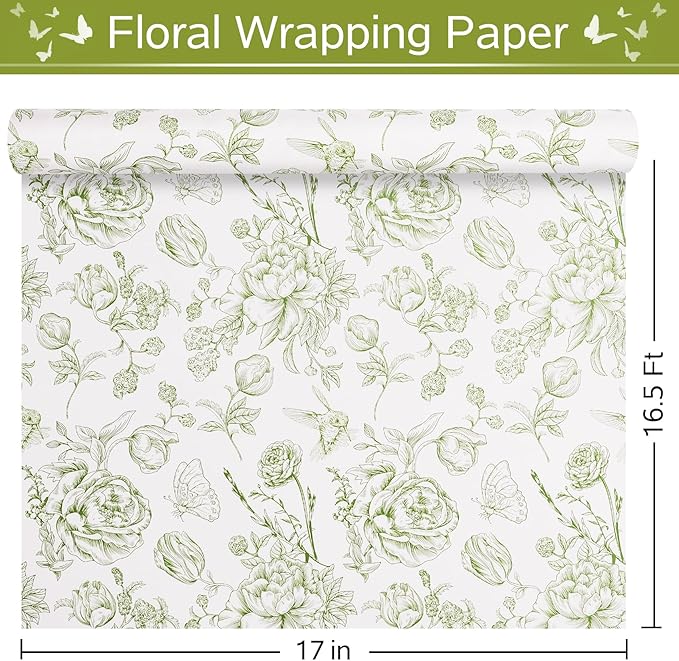 RayofSun Green Floral Wrapping Paper Roll 17 in x 16.5 ft Mini Roll Vintage Toile Flower Gift Wrap Paper for All Occasion Wedding Birthday Bridal Shower Party Baby Shower Christmas