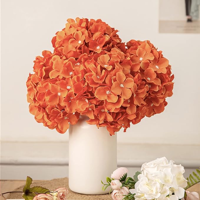 DuHouse Silk Hydrangea Artificial Flower Heads with Stems Fake Hydrangeas Flowers for DIY Wedding Centerpiece Home Decor,Pack of 6(Burnt Orange)