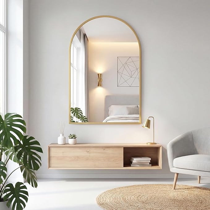 Arched Gold Bathroom Mirrors for Wall, 24x36-Inch Wall Mirror for Over Sink, Vanity Mirror with Matte Metal Frame and HD Shatter-Proof Glass for Entryway, Living Room, Bedroom