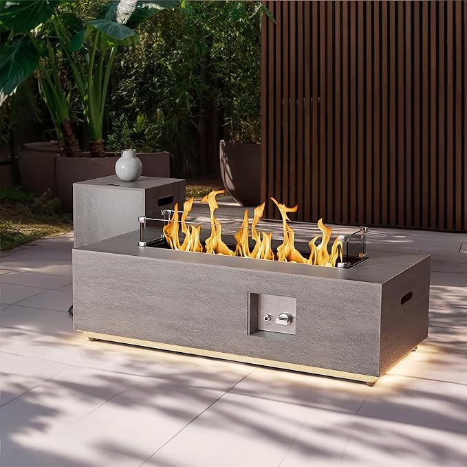 2-Piece 42" LED Rectangular Propane Fire Pit for Outside Patio with Hidden Tank Table, 50,000 BTU Fireplaces with Glass Wind Guard, Lid, Glass Rocks, Cover(Grey w/Warm Light)