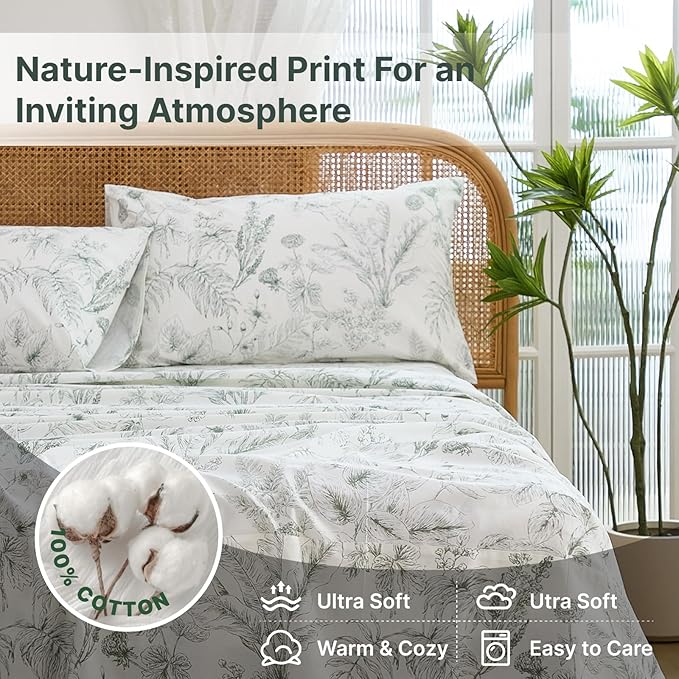 100% Cotton Sheet Set Queen Size – 4-Piece Chic Garden Floral Bedding Set, Soft Breathable Percale Weave, Deep Pocket Fitted Sheet 17.5", Crisp Cool Feel, Refined Botanical Elegance