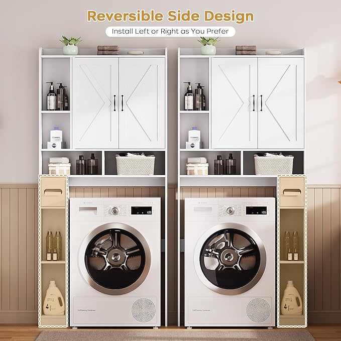 Over the Toilet Storage Cabinet, 31”W Bathroom Organizer with Double Doors, Above Toilet Rack, Detachable Toilet Paper Holder for Bathroom & Laundry Room White