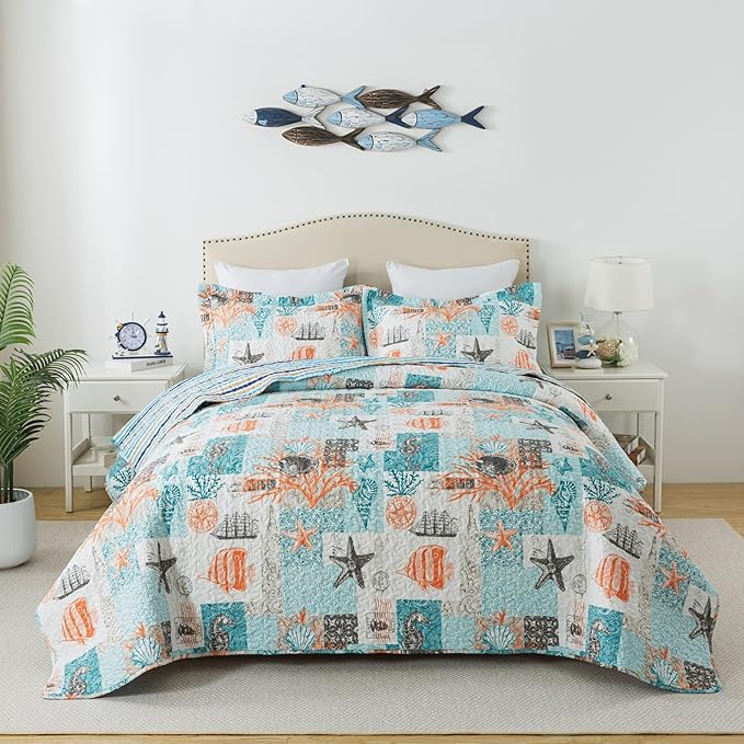 HoneiLife King Quilt Bedding Set - 3 Pieces Coastal Quilt Sets Beach Bedspreads Ocean Coverlets Lightweight Bed Cover Summer Quilts King Size