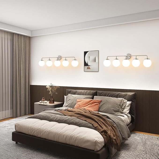 Bathroom Light Fixtures Over Mirror, Brushed Nickel Modern Vanity Lighting with Milk White Glass Globe Shades 5-Light Farmhouse Wall Sconce