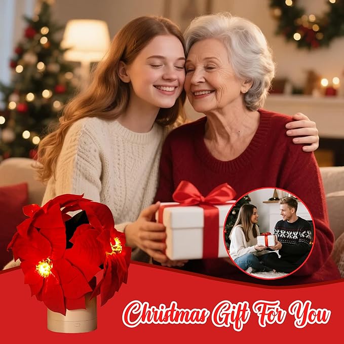 WSYEAR Red Poinsettias Artificial Christmas Flowers Lamp - Holiday Decorations and Ornaments for Xmas, New Year, Wedding Party, Seasonal Decor