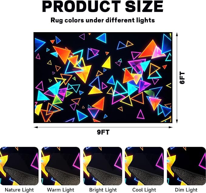 Triangle Area Rug 6'x9' Blacklight Glow in The Dark Geometric Rug Non-Slip Washable Colorful Neon Light Floor Mat for Bedroom Living Room Nursery Kitchen Playroom Home Decor