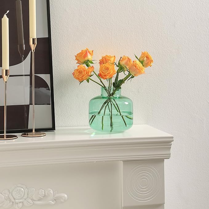 Green Glass Vase, Short Flower Vase, Round Glass Vases for Flowers, 6 Inch Small Glass Vases for Living Room, Dining Table, Wedding, Bookshelf, Office, Coffee Table