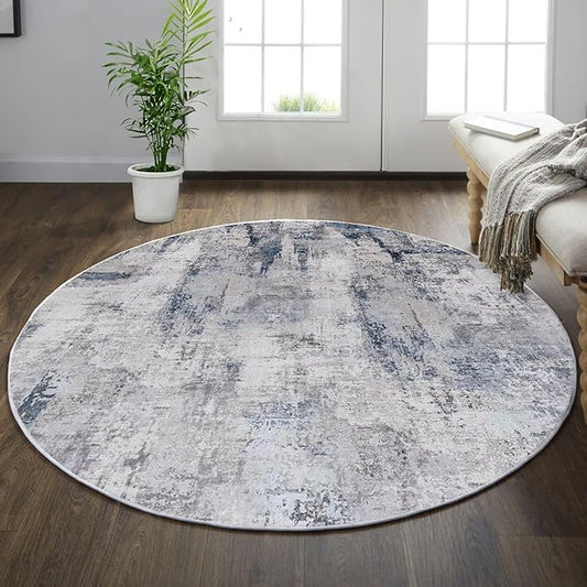 vivorug Round Rug 4ft Abstract Round Area Rug Non-Slip Indoor Carpet for Living Room Bedroom Entryway, Stain Resistant Home Decor Circle Rug, Grey/Navy