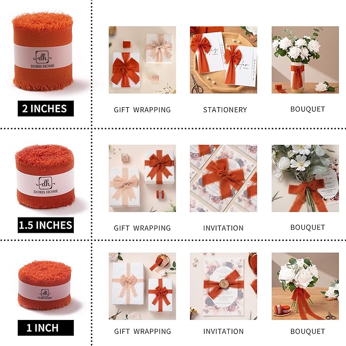 DORIS HOME Burnt Orange Chiffon Ribbon for Flower Bouquet, 1" x21Yd Fabric Ribbon for Gift Wrapping, Handmade Frayed Ribbon for Wedding Invitations/Christmas Decorations