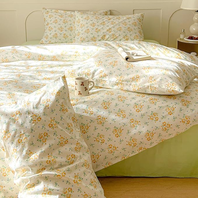 EAVD Yellow Floral Duvet Cover King Size Soft 100% Cotton Soft Botanical Floral Cottagecore Bedding Set with 2 Pillowcases Aesthetic Floral Comforter Set with Zipper Closure