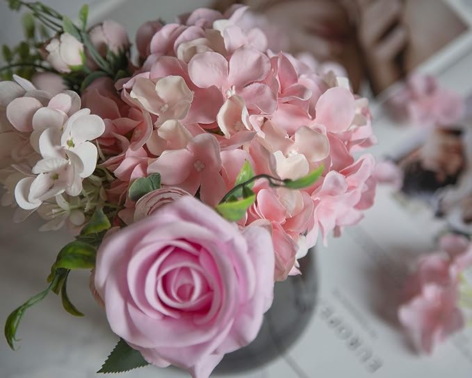 DuHouse Hydrangea Silk Flowers Artificial Flowers with Stem Fake Flower Heads for Wedding Centerpiece Home Decor Pack of 6 (Pink)