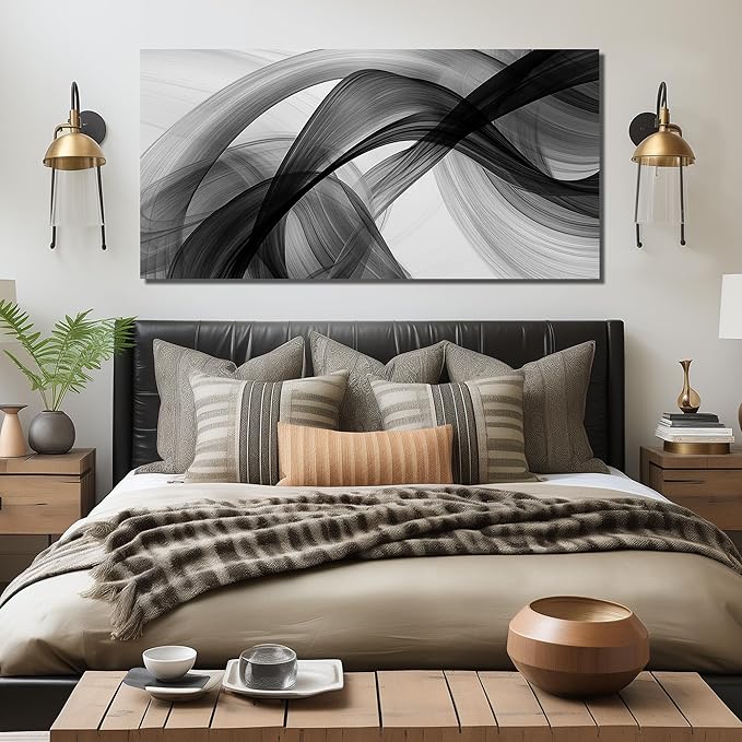 JuhaiArt Abstract Wall Decor Minimalist Black Picture Art White Canvas Wall Art for Living Room Office 29" x 59" Large Modern Poster Artwork