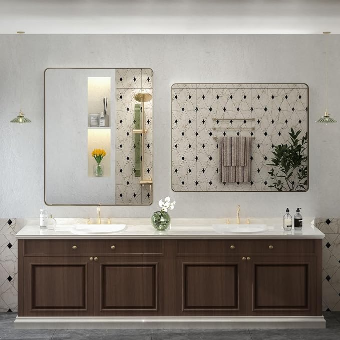 40x30 Bronze Brushed Bathroom Mirror for Wall, Brushed Metal Framed Bathroom Vanity Mirror, Modern Rectangle Mirror, Rounded Corner, Shatterproof, Anti-Rust (Horizontal/Vertical)