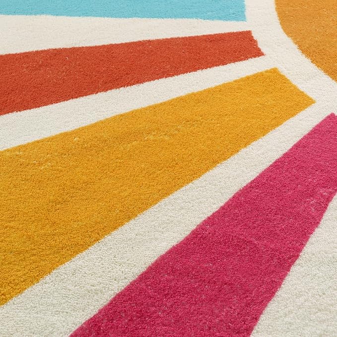 STARUIA Round Boho Rug 6 Ft Washable Round Area Rug for Playroom, Sunshine Circle Rug for Kids Room, Non-Slip Circluar Rainbow Carpet Soft Large Kids Rug for Classroom Dorm Bedroom