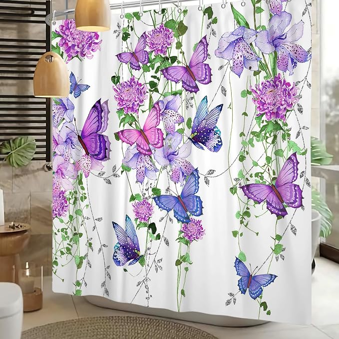 Violet Butterfly Floral Shower Curtain Spring Lavender Shower Curtain Lilac Pink Floral Bathroom Decor Waterproof Polyester Fabric with 12 Hooks,72x78 Inches